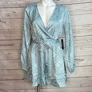 Lulus NWT Aqua Wrap Surplice Romper Long Sleeves M